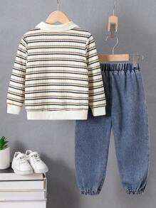 2 pezzi Set maglietta polo a righe in maglia e pantaloni in denim da ragazzo casual, adatto per sport, uso quotidiano, scuola, attività all'aperto in primavera e autunno