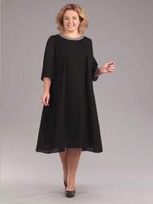 Plus Size Women's Round Neck Sequined Chiffon Elegant Dress - Black - View 4