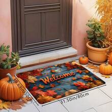 1 pieza Felpudo navideño de hojas de otoño con estampado de grano de madera azul y arce, suave, antideslizante y absorbente, lavable, para decoración del hogar festiva y acogedora, rectangular de pelo corto para sala de estar, dormitorio, cocina, lavandería, baño