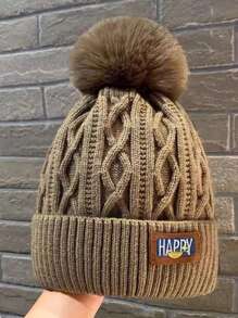 1pc Autumn Winter Thicken Knitted Beanie Hat, Women Warm Thermal Lined Ear Protection Casual Elegant Streetwear Polyester Hat With Letter, Bohemian Pattern Embroidery, Suitable For Cold Weather Halloween