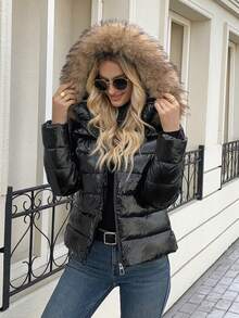 女士优雅连帽夹克，短款拉链毛领外套，日常冬季保暖穿着，黑色绗缝开衫 - 黑色 - 查看 7