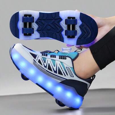 LED Multi-Flashing 4-Wheel Roller Skates, Quick Gliding, Detachable Wheels, Fashion Casual 2-In-1 Roller Shoes, Rotary Buckle Adjustable Loose Fit