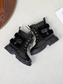 女童时尚金属吊坠防滑踝靴，黑色 - 黑色 - 查看 9