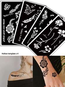 海娜纹身模板及染料套装（纹身模板+纹身染料） - 多图案临时纹身，适用于手部、手指、手腕、肩膀、颈部、锁骨等部位，防水假纹身模板套装，男女通用 - 彩色 - 查看 11