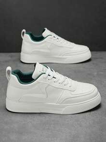 男士简约纯白拼接系带滑板鞋，夏季休闲小白鞋，时尚百搭日常通勤散步情侣运动鞋 [大一码] 2000 年代风格情人节创意 - 米綠 - 查看 4