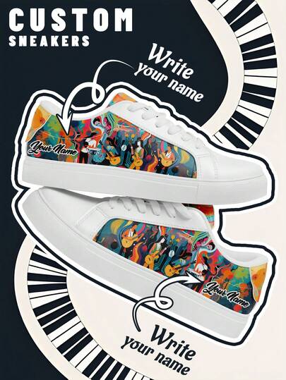 [Musikfestivaltema] Herrskor med anpassningsbart namn, lätta låga sneakers med PU-läderpaneler, tryck på piano, unisex fritidskläder för alla årstider