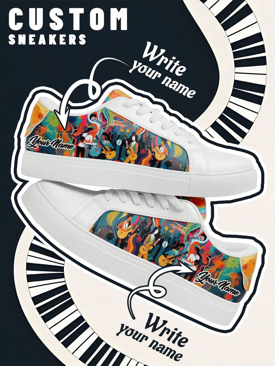 [Music Festival Theme]Men's Custom Name Lightweight Low-Top Sneakers, PU Leather Panel Shoes, Piano Keyboard Print, Unisex All-Season Casual Wear - Multicolor - View 1