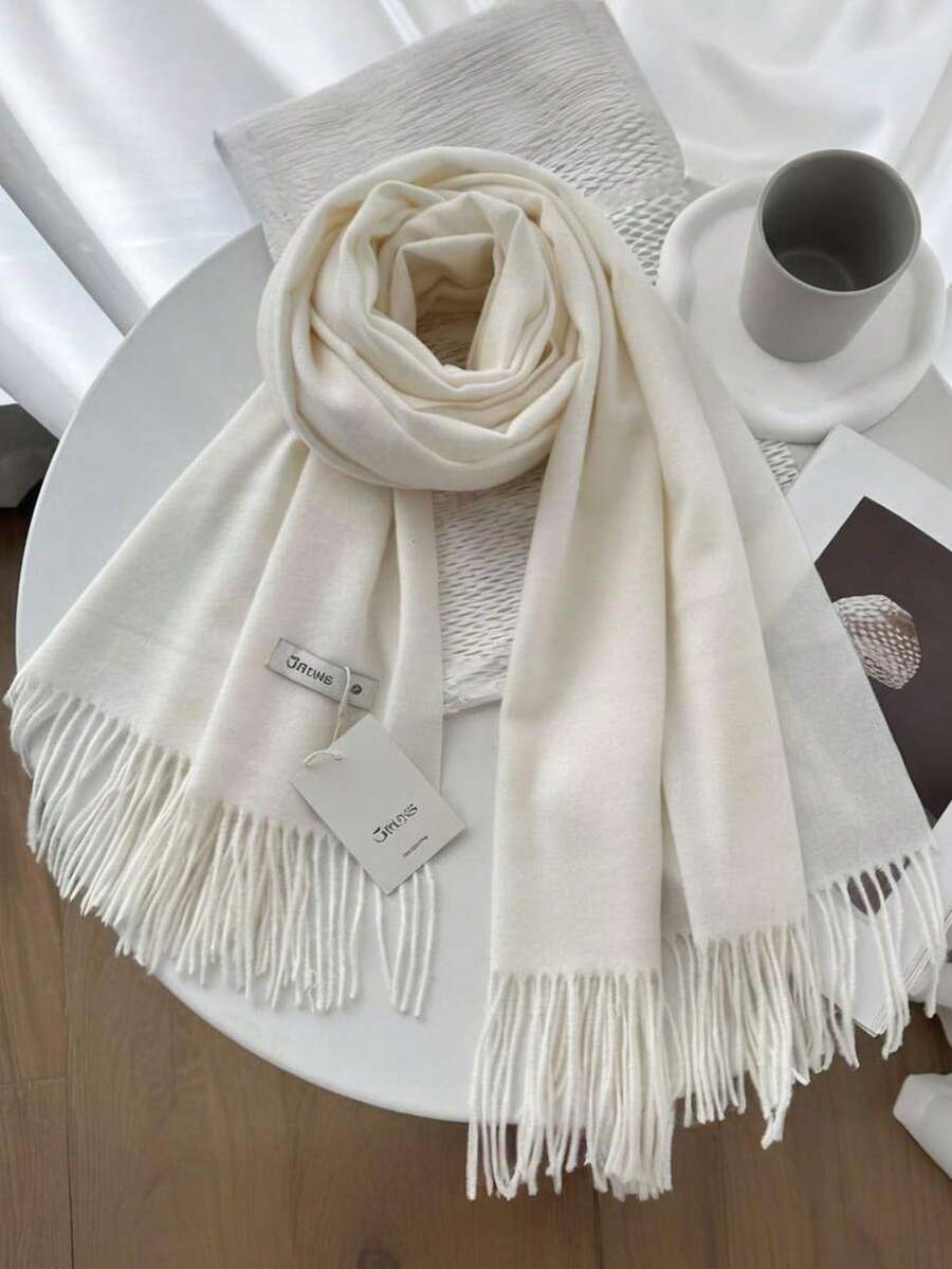 FADZOYLE 1入奶白針織女士冬季圍巾,絲滑柔軟的羊絨感披肩和包裝,適用於婚禮和禮物晚禮服旅行辦公室大型純色流蘇圍巾休閒款式