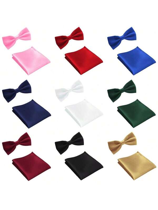 Adjustable Kids Solid Color Pre-Tied Bowknot & Pocket Square Set - Suitable For Formal Occasions, Weddings, Parties, Christmas, Halloween, Easter