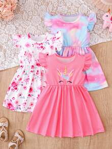 Chatreadl 3pcs/Set Young Girls Cute Pony & Floral Print Pattern Princess Style Gradient Milk Silk Fabric Children's Fashionable New Flutter Sleeve Dress, Suitable For Spring/Summer Outdoor - Multicolor - View 1