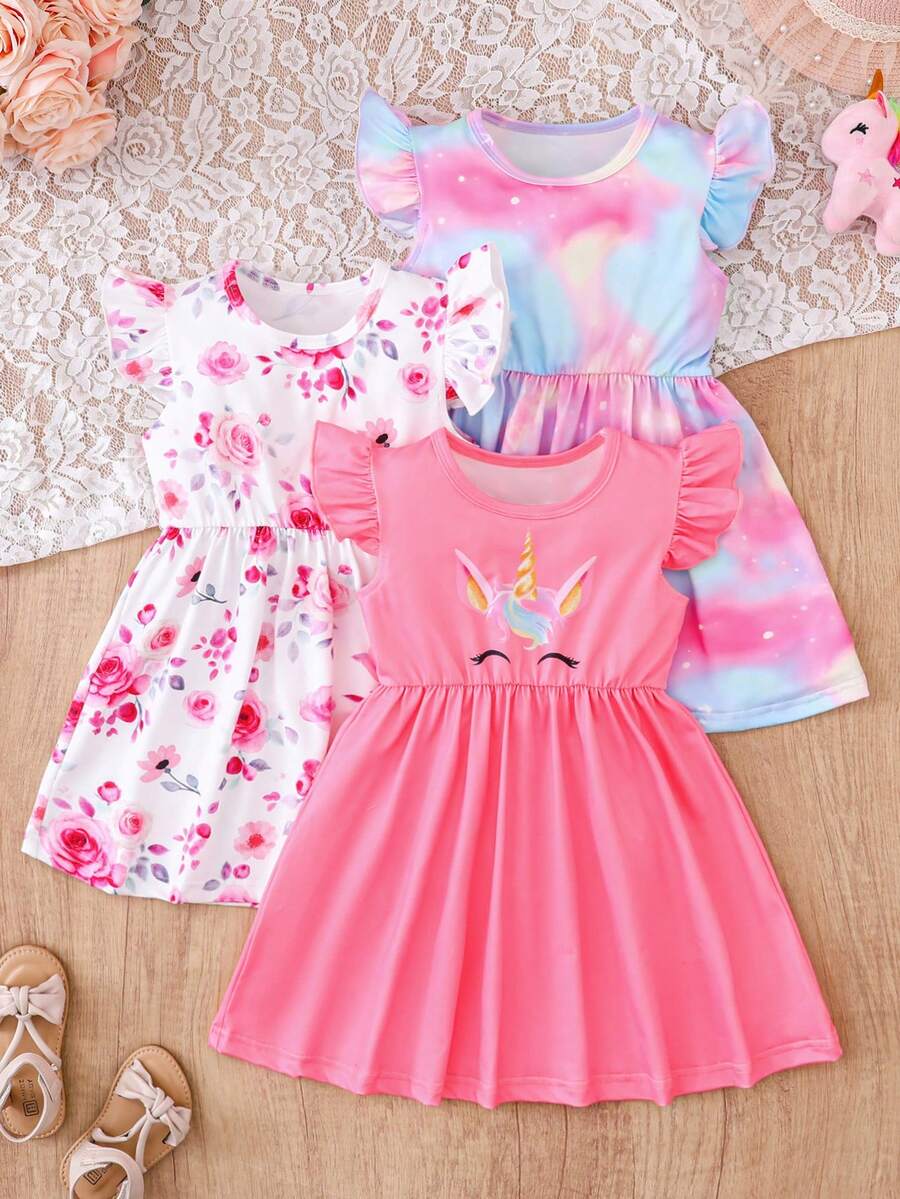 Chatreadl 3pcs/Set Young Girls Cute Pony & Floral Print Pattern Princess Style Gradient Milk Silk Fabric Children's Fashionable New Flutter Sleeve Dress, Suitable For Spring/Summer Outdoor - Multicolor - View 1