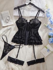 Women's Sexy Bra, Vintage Palace Romantic Elegant Floral Lace Ruffle Front Open Sheer Tummy Control