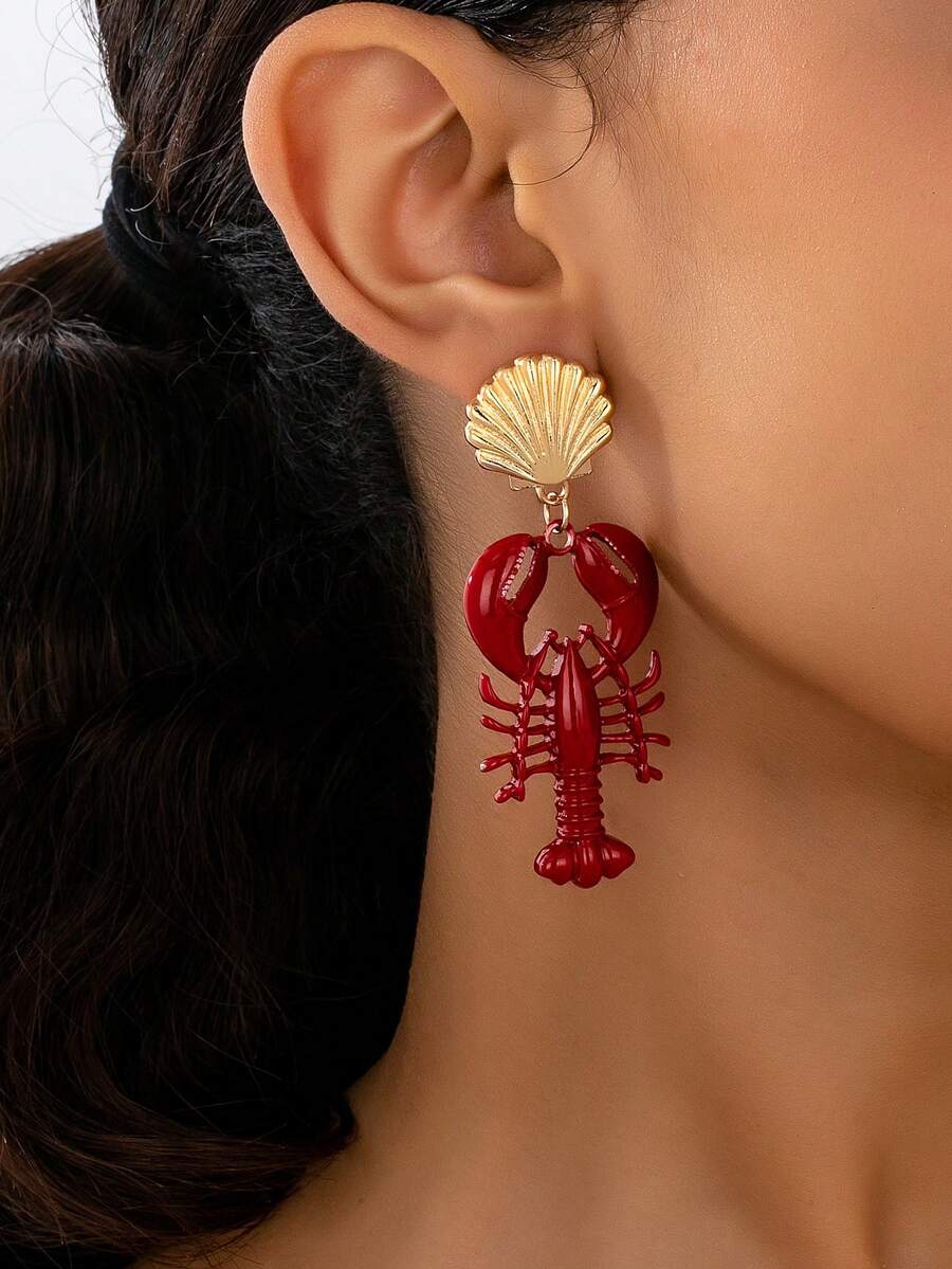 1 对女士龙虾壳耳环，适合日常佩戴和度假 - 紅色 - 查看 1