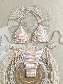 Bộ bikini hai mảnh đính cườm, sọc nhiều màu sắc, thanh lịch, gợi cảm, kiểu yếm, thích hợp cho kỳ nghỉ hè trên bãi biển. - Nhiều màu - Xem 5