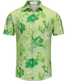 Men's & Women's Hawaiian Shirt - Tropical Palm Tree & Coconut Leaves Print Short Sleeve Button-Up, Soft Breathable Fabric, Machine Washable, Regular Fit Casual Beach Vacation Shirt For Adults, Summer Apparel Buttons Casual Shirts - 綠色 - 查看 1