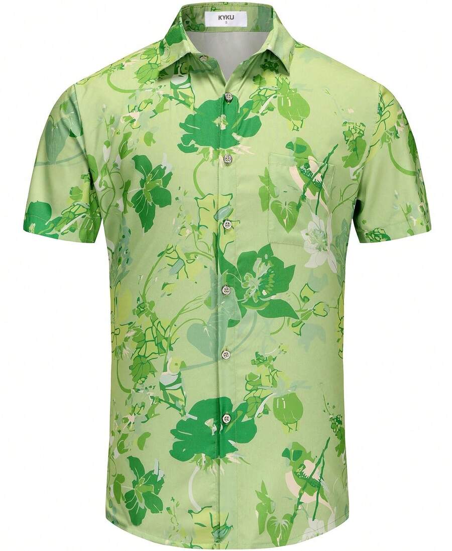 Men's & Women's Hawaiian Shirt - Tropical Palm Tree & Coconut Leaves Print Short Sleeve Button-Up, Soft Breathable Fabric, Machine Washable, Regular Fit Casual Beach Vacation Shirt For Adults, Summer Apparel Buttons Casual Shirts - 綠色 - 查看 1