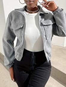 Women's Solid Color Long Sleeve Zip-Up Collar Casual Utility Jacket With Pockets