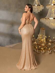 Faeriesty Robe de soirée élégante et galbée grande taille avec fines bretelles, dos noué sexy et jupe sirène flatteuse - Confectionnée pour un glamour ultime, idéale pour les galas, les bals de charité, les mariages Top de gamme, les banquets d'entreprise et les tapis rouges - Champagne - Voir 2