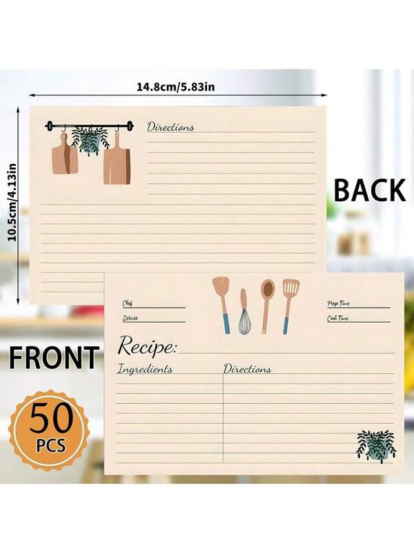 50pcs Blank Recipe Cards - Double-Sided, Matte Finish, Stain-Resistant Cards - Blank Recipe Notes, Suitable For Weddings, Bridal Showers, Housewarming Gifts - English, Kitchen-Themed Design