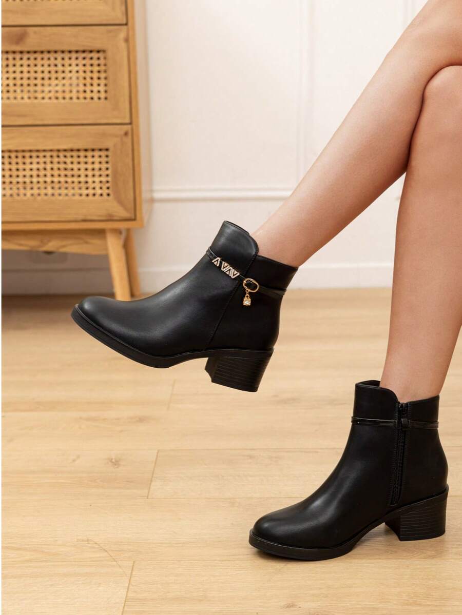 Modische Chunky High Heel Ankle Boots, alles kombinierbar - Schwarz - Übersicht 1