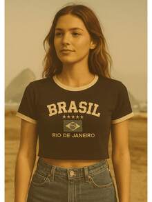 BabyLook Short Women's Embroidered Brazil Shirt - Black - View 3