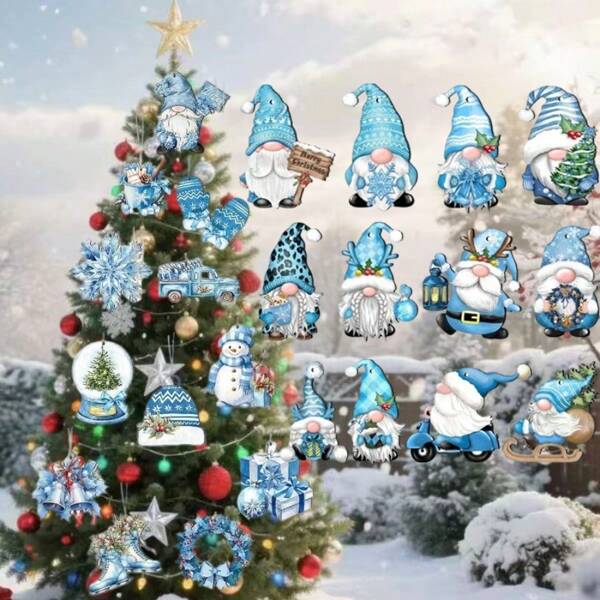24pcs Wooden Decorations, Blue Snowflake, Gnomes, Snowman Hanging Ornaments For Holiday Winter Tree Best Gifts Birthday