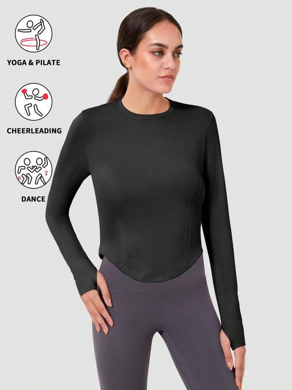 1pc Women's Long Sleeve T-Shirt, Basic Round Neck Fitted Top, High Stretch Sports & Casual Yoga Wear