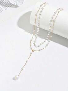 1pc Gold Y-Shaped Design Layered Necklace, Details Decorated With Rhinestones & Faux Pearl, Suitable Daily Wear By Women, Friendship Gifts, Banquet Parties Fashionable Elegant All-Season Jewelry Daily Wear Jewelry Simple Stylish Party Jewelry Minimalist Versatile Jewelry Minimalist Office Accessories Light Luxury Elegant All-Season Jewelry - 金子 - 查看 3