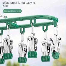 1pc Stainless Steel Sock Clip With 10-20 Clips, Balcony Drying Rack, Multi-Clip Stainless Steel Anti-Wind Anti-Slip Underwear Clothes Drying Rack Clothespins