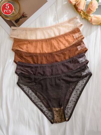 5pcs Women's Minimalist Heart Mesh Jacquard Comfortable Mid-Waist Panties