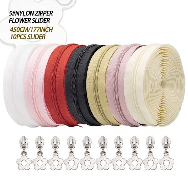 1 Set, 450cm/177inch, #5 Nylon Zipper With 10 Small Floral Zipper Pulls. Suitable For Home Sewing DIY Zipper Replacement