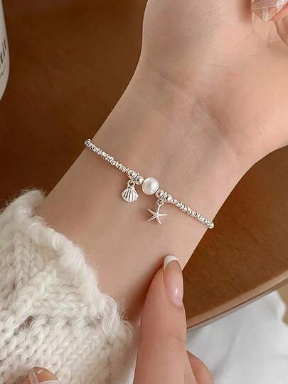 1pc 925 Sterling Silver Pearl, Starfish & Shell Bracelet, Elegant Versatile Jewelry For Women, Suitable For Valentine's Day, Birthday Party And Daily Wear