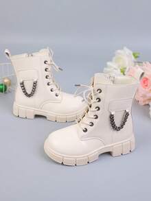 新款圆头儿童靴子休闲复古平底女童短靴防滑耐磨靴子女孩学生朋克靴 - 米色 - 查看 3