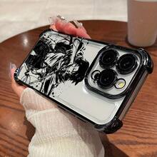 Un estuche de teléfono de diseño de bocetos negros elegantes y lujosos para personajes masculinos de anime populares, compatible con modelos de  16, 16E, 15, 14, 13, 12 Mini, 11 Pro Max, X, XR, XS Max, 8, 7 y Plus, con un borde negro y un respaldo transparente para caídas. - Negro - Ver 7