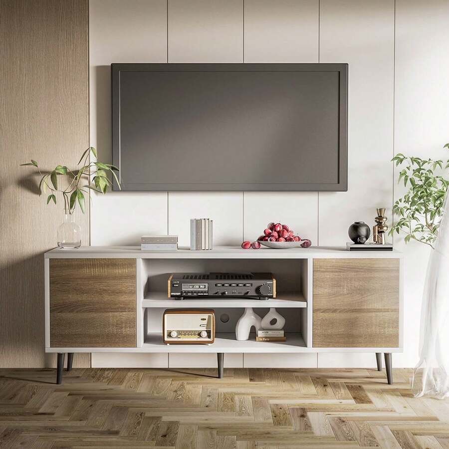 65 Inch Modern TV Stand,White&Walnut Wood Entertainment Center With Storage Drawers & Management Living Room - 白色和胡桃木色 - 查看 1