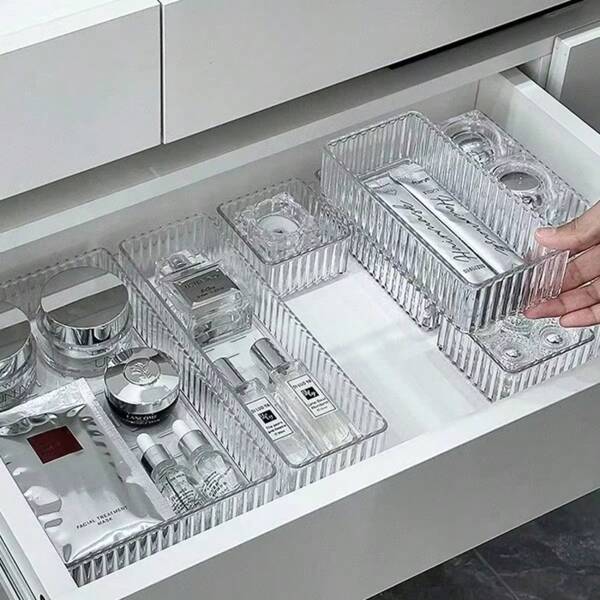 1pc/2pcs/5pcs/7pcs/10pcs/11pcs Clear Plastic Drawer Organiser, Clear Cosmetic Organiser, 4 Sizes Multi-Purpose Organiser, Bathroom And Dresser Drawer Organiser Tray, Cosmetic Display Rack, Room Decoration, Home Decoration, Bedroom Decoration, Holiday Decoration, Autumn Decoration, Holiday Gift, New Year's Gift, Gift Boxes For Girlfriends.For Women Storage Organizer Travel Essentials Back To School Dormitory Storage