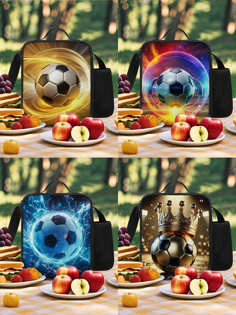 Portable Handheld Shoulder Strap Insulated Lunch Bag Stylish Soccer Themed Design Perfect For School Camping Hiking Picnic Beach Travel Lunch Bags Cooler Bag Lunch Box Lunchbox Large Capacity For Men Travel Essentials