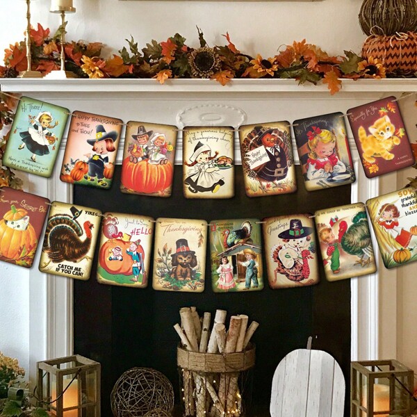 Juego de 15 piezas Guirnalda de decoración colgante de banderines retro de Acción de Gracias, Bandera de decoración de fiesta familiar de Acción de Gracias, con adornos de Turquía, calabaza y follaje de otoño, decoración de vacaciones, Halloween