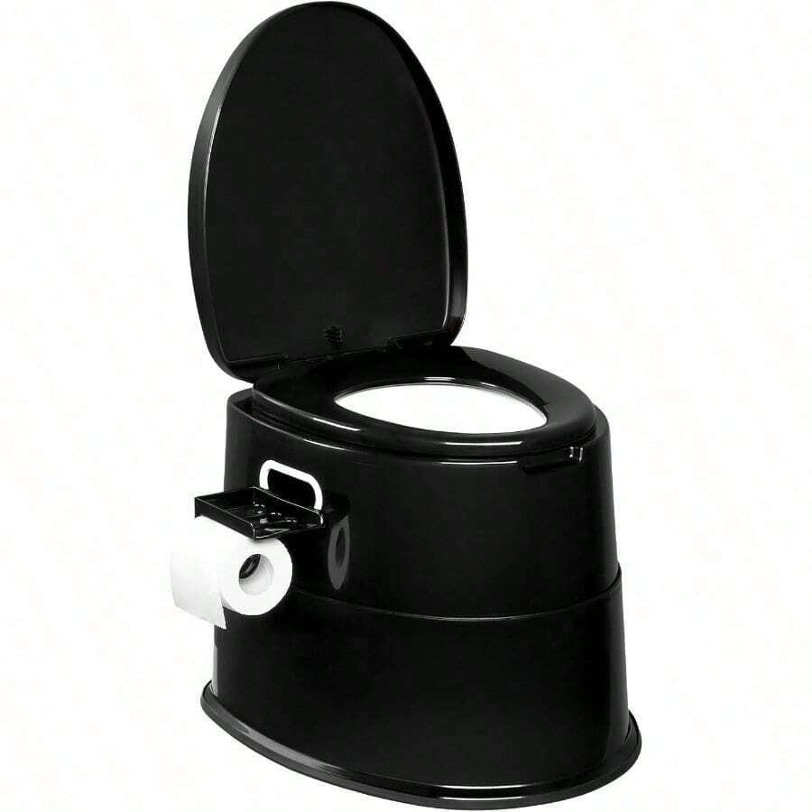 Portable Toilet | Indoor Outdoor Commode W/Detachable Inner Bucket & Removable Paper Holder, Lightweight & Compact For Camping, Boat, Van, Emergency Use - Black - View 1