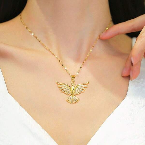 1pc Classic Phoenix Wings Titanium Steel Necklace, Lightweight Luxury Collarbome Chain, Suitable For Women, High-End For Wedding & Party
