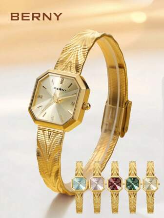 BERNY Women's Gold Stainless Steel Band Stylish Elegant Quartz Watch-Sunburst Surface,Sapphire-Coated,Diamond-Shaped Crystal,Crystal Studded Markers,30M Water-Resistant For Daily & Party Looks