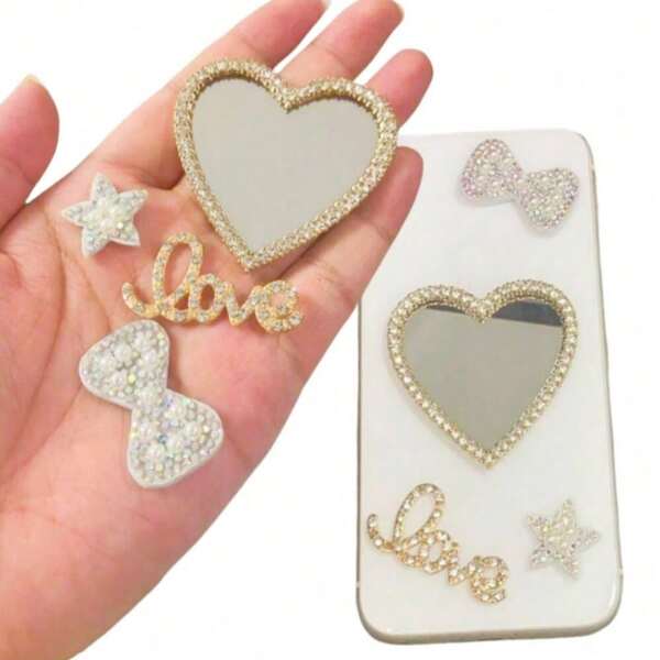 4pcs/Set Luxury Bling Full Diamond Bowknot Metal Hollow Pearl Star Heart Shaped Mirror With Rhinestone Love Junk Phone Case Laptop Scrapbook Makeup Box Hair Clip Water Bottle Decoration Charms Accessories Kawaii Y2K Girls DIY Crafts Ornament