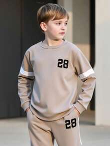 2pcs/Set Tween Boy Spring/Autumn Printed Sweatshirt & Pants Casual Outfit - Màu be - Xem 4