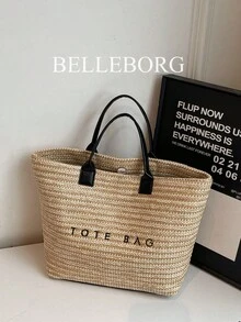Bolso de paja casual de gran capacidad para vacaciones, bolso de hombro elegante y sencillo para mujer - Negro - Ver 1