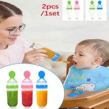 2件装硅胶婴儿辅食喂食器带勺，婴儿奶瓶带勺和米粥勺，婴儿喂食套装 - 彩色 - 查看 3