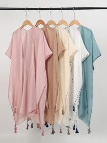 1 buc. Salopetă de plajă pentru femei, stil nou, culoare pură, cu șiruri, fără mâneci, agățată, cardigan, șal, stil boem, lejer, casual, pentru vacanță, cu protecție solară, kimono, potrivit pentru cadouri de vară în familie, pentru vacanță