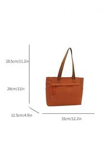 时尚纯色新款拉链大容量单肩包，百搭休闲简约单肩托特包，适合逛街、钱包、购物、年轻女性、大学生、新人、白领。非常适合办公室、大学、工作、商务、通勤、户外活动、旅行和郊游 - 棕色 - 查看 6