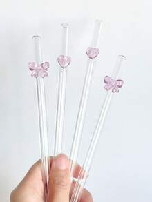 1/2/4Pcs Reusable Glass Straws With Pink Butterfly/Bow Shapes, Shatter Resistant And Heat-Resistant Glass Drinking Straws With Cleaning Brushes, For Cold Drinks, Milk Tea, Coffee, Juice, Smoothies, Kitchens, Restaurants, Cocktail Parties, Back-To-School, Girlfriends/Boyfriends, Parents, Friends, Holiday Supplies,New Year, Valentine's Day. - Pink - View 10