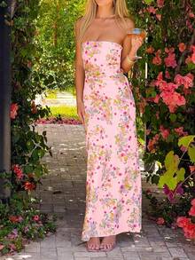女士街头花园假日优雅性感无肩带露背数码印花长裙，修身派对正式鸡尾酒会海滩波西米亚风，春夏秋季 - 淺粉色 - 查看 5