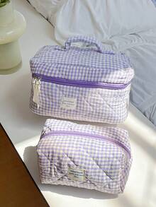 大容量家居收纳整理套装，包含拉链便携旅行洗漱包、经典紫色格子化妆包、柔软绗缝手提包、时尚撞色带提手化妆包、迷你方形卫生巾收纳袋、多功能家居收纳包、女士化妆包、旅行化妆包，是情人节、圣诞节、感恩节、伴娘婚礼的理想礼物。 - 紫色 - 查看 4